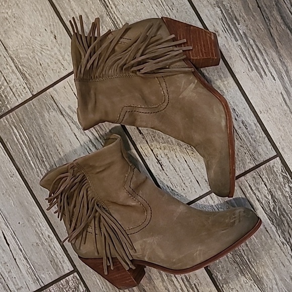 Sam Edelman Louis Louie Taupe Green Suede Leather Fringe Ankle Boots 10 Western - Picture 2 of 14